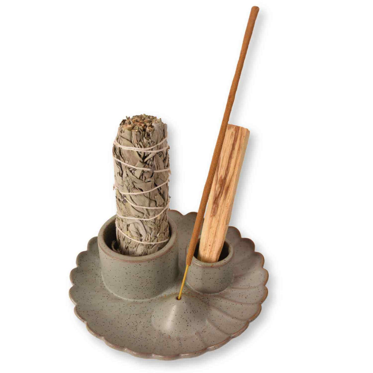 Suport ceramic 3 in 1 pentru salvie, Palo Santo si betisoare parfumate - model rotund