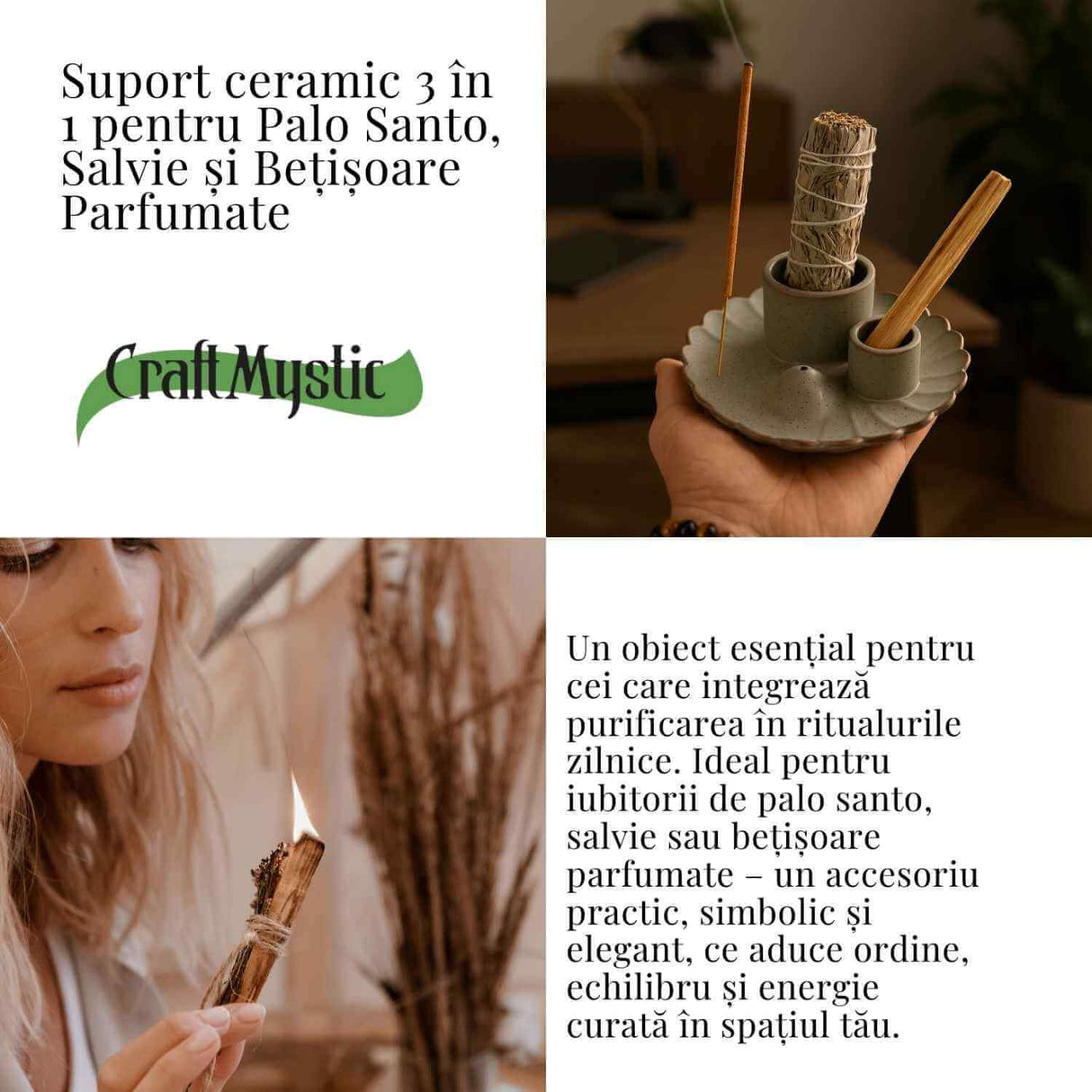 Suport ceramic 3 in 1 pentru salvie, Palo Santo si betisoare parfumate - model rotund