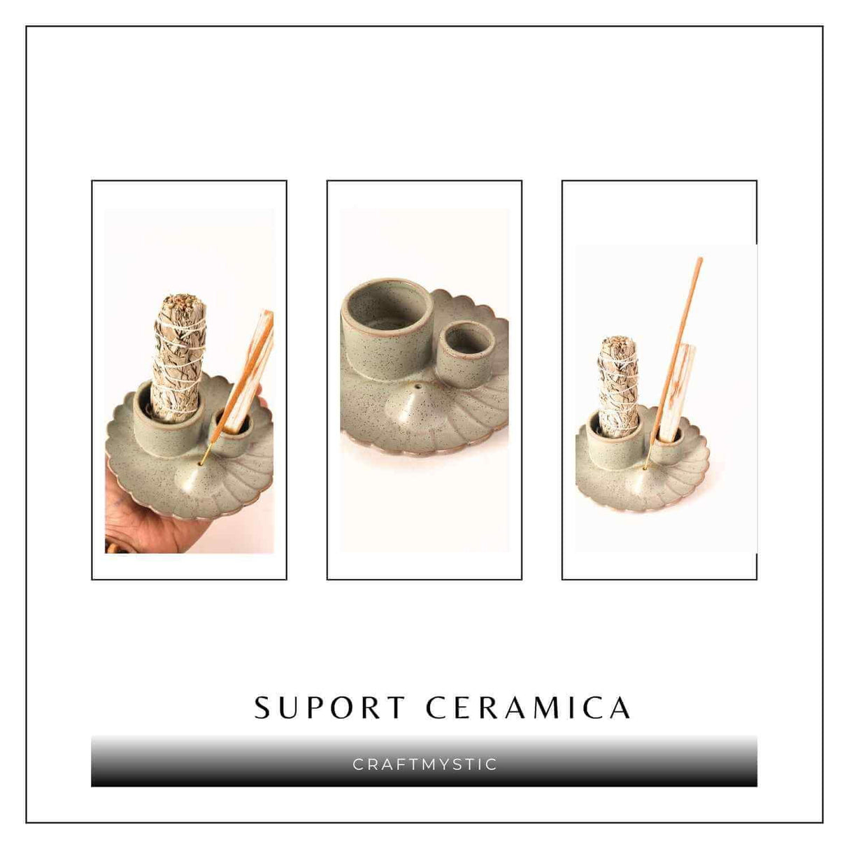 Suport ceramic 3 in 1 pentru salvie, Palo Santo si betisoare parfumate - model rotund