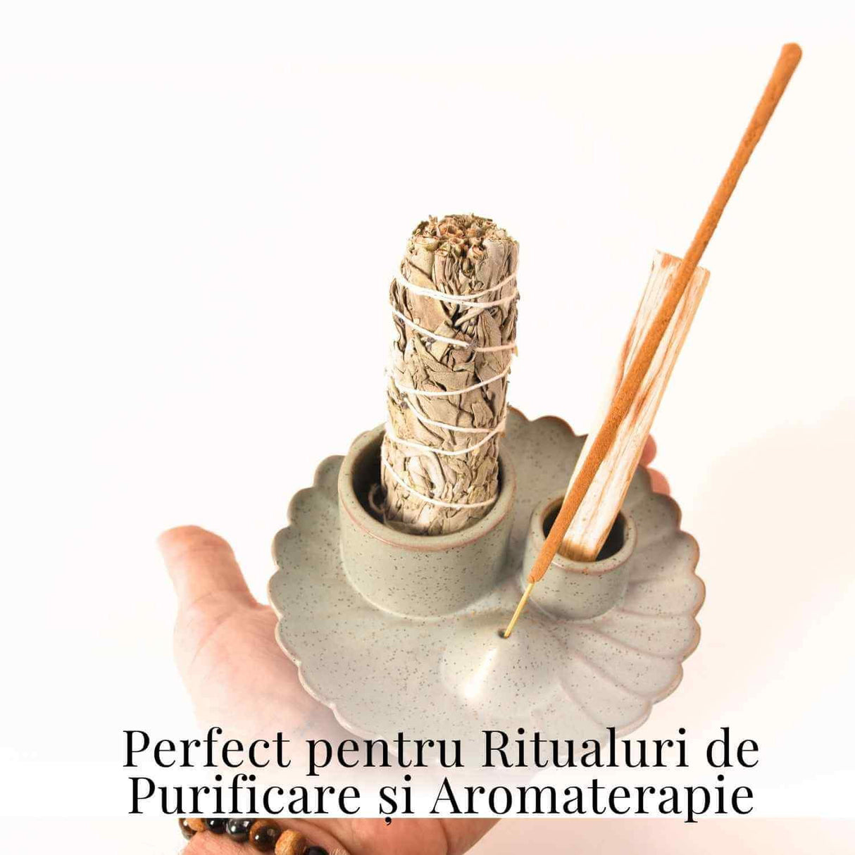 Suport ceramic 3 in 1 pentru salvie, Palo Santo si betisoare parfumate - model rotund