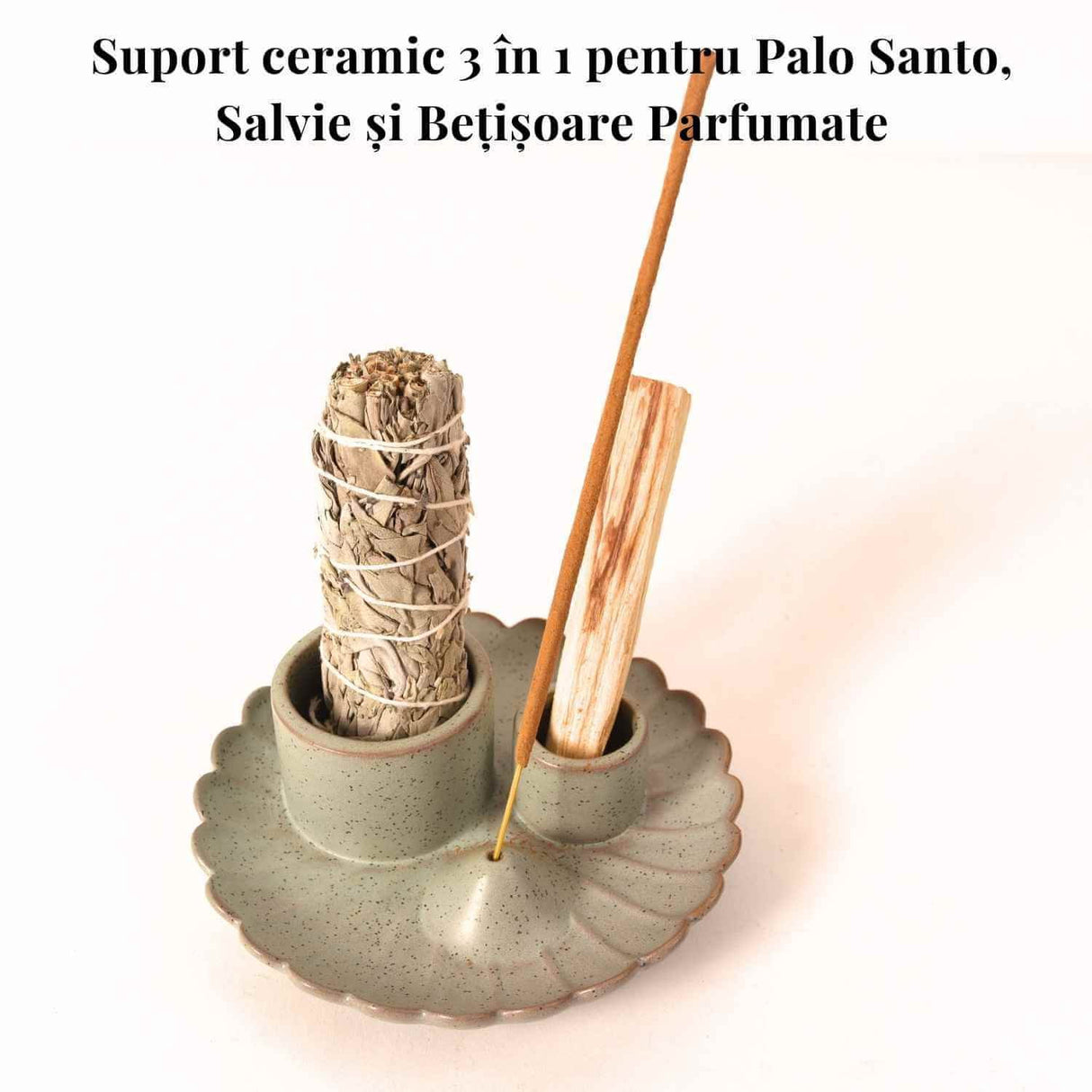 Suport ceramic 3 in 1 pentru salvie, Palo Santo si betisoare parfumate - model rotund