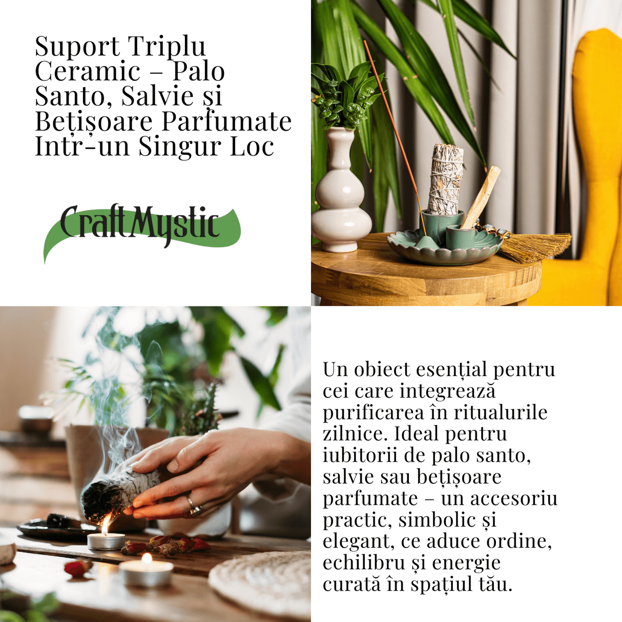 Suport 3 in 1 ceramic verde floare - Palo Santo, Salvie si Betisoare