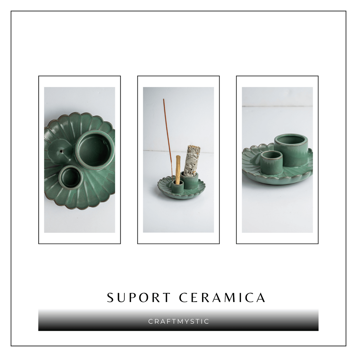 Suport 3 in 1 ceramic verde floare - Palo Santo, Salvie si Betisoare