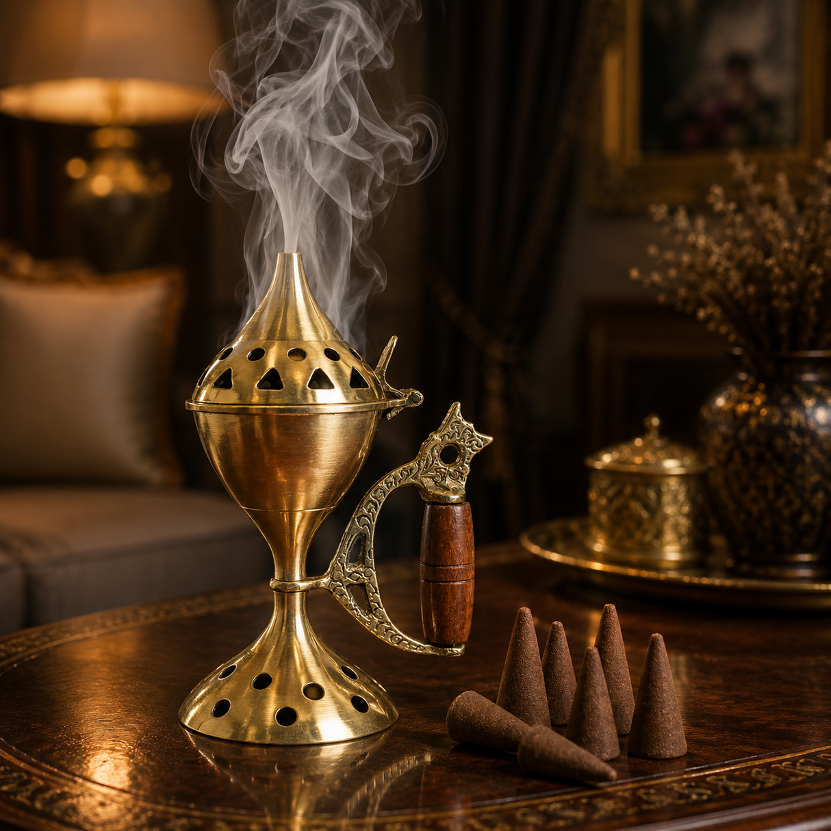 Arzator de Conuri din Alama cu Maner din Lemn – Ritual de Purificare si Relaxare Spirituala