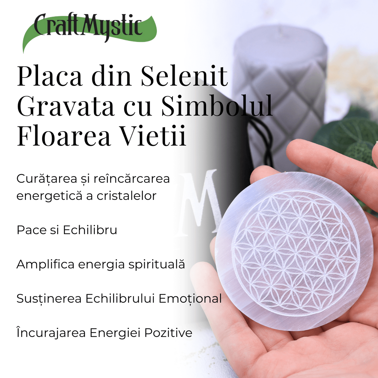 Placa din Selenit Natural pentru Curatare si Incarcare Cristale - Energie Pura