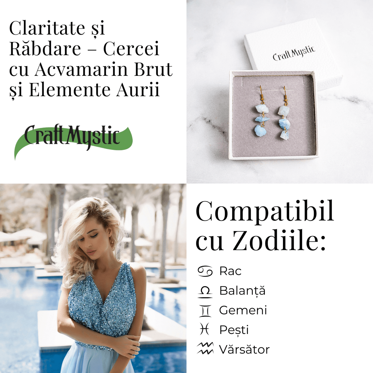 Fluviu de Calm - Cercei cu Acvamarin Brut si Elemente Aurii