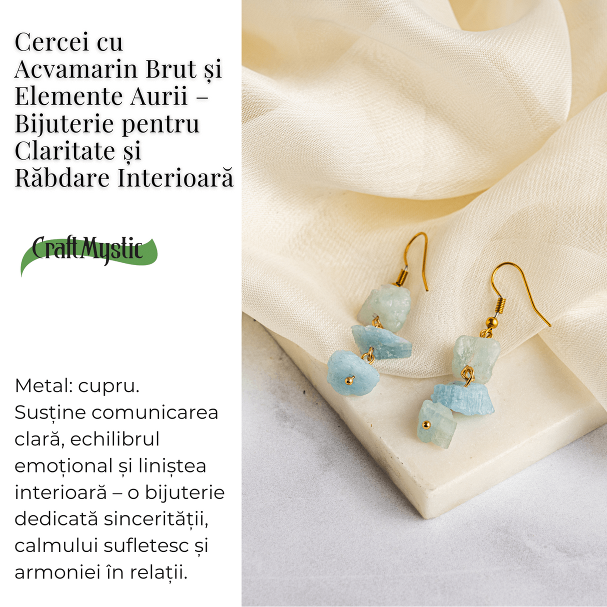 Fluviu de Calm - Cercei cu Acvamarin Brut si Elemente Aurii