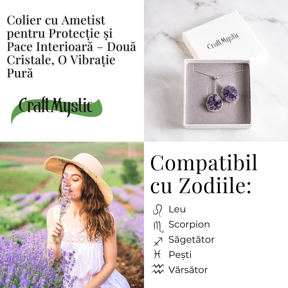 Doua cristale, o vibratie pura - Colier cu ametist pentru protectie si pace interioara