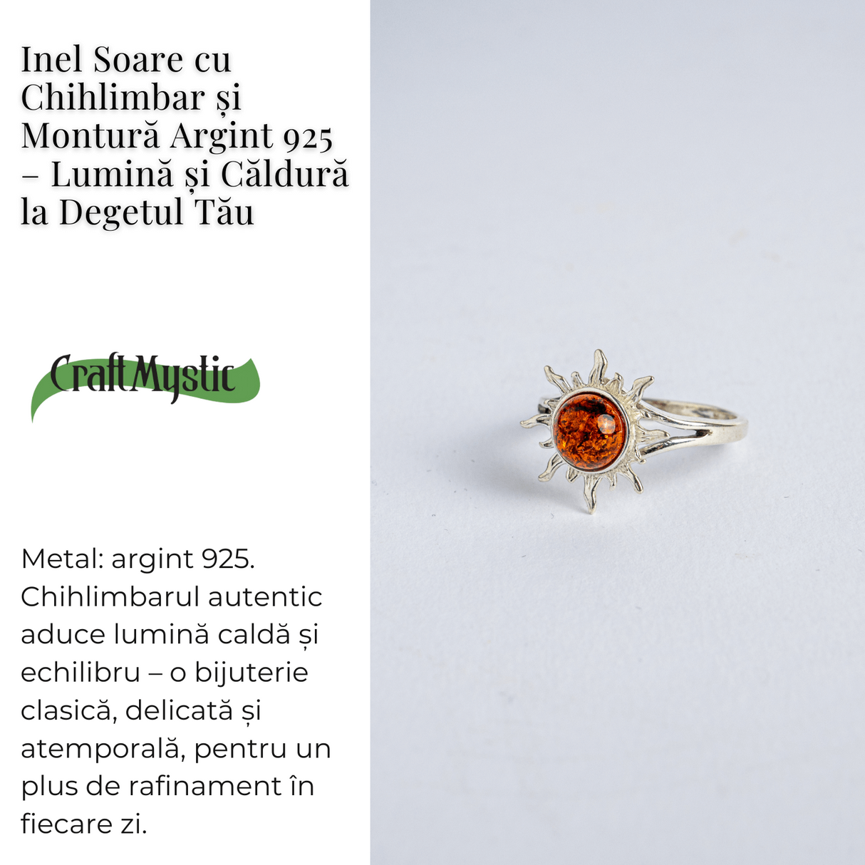 Inel Soare cu chihlimbar si montura argint 925 - Lumina si caldura la degetul tau