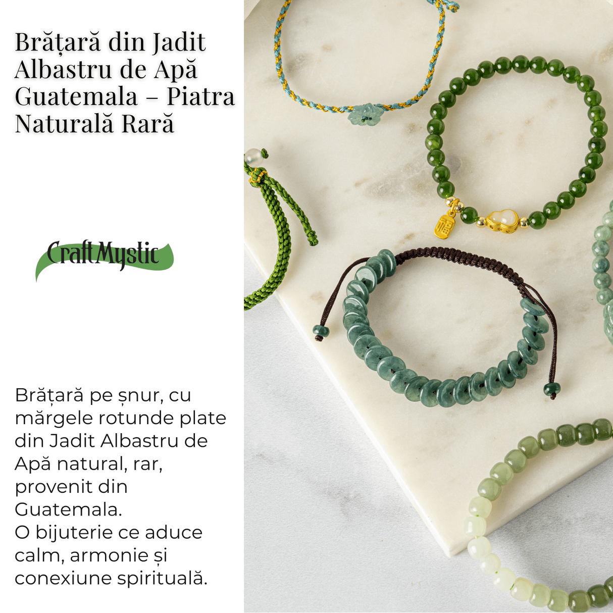 Liniste si Protectie - Bratara cu Jadit Albastru de Apa Natural din Guatemala, Margele Plate
