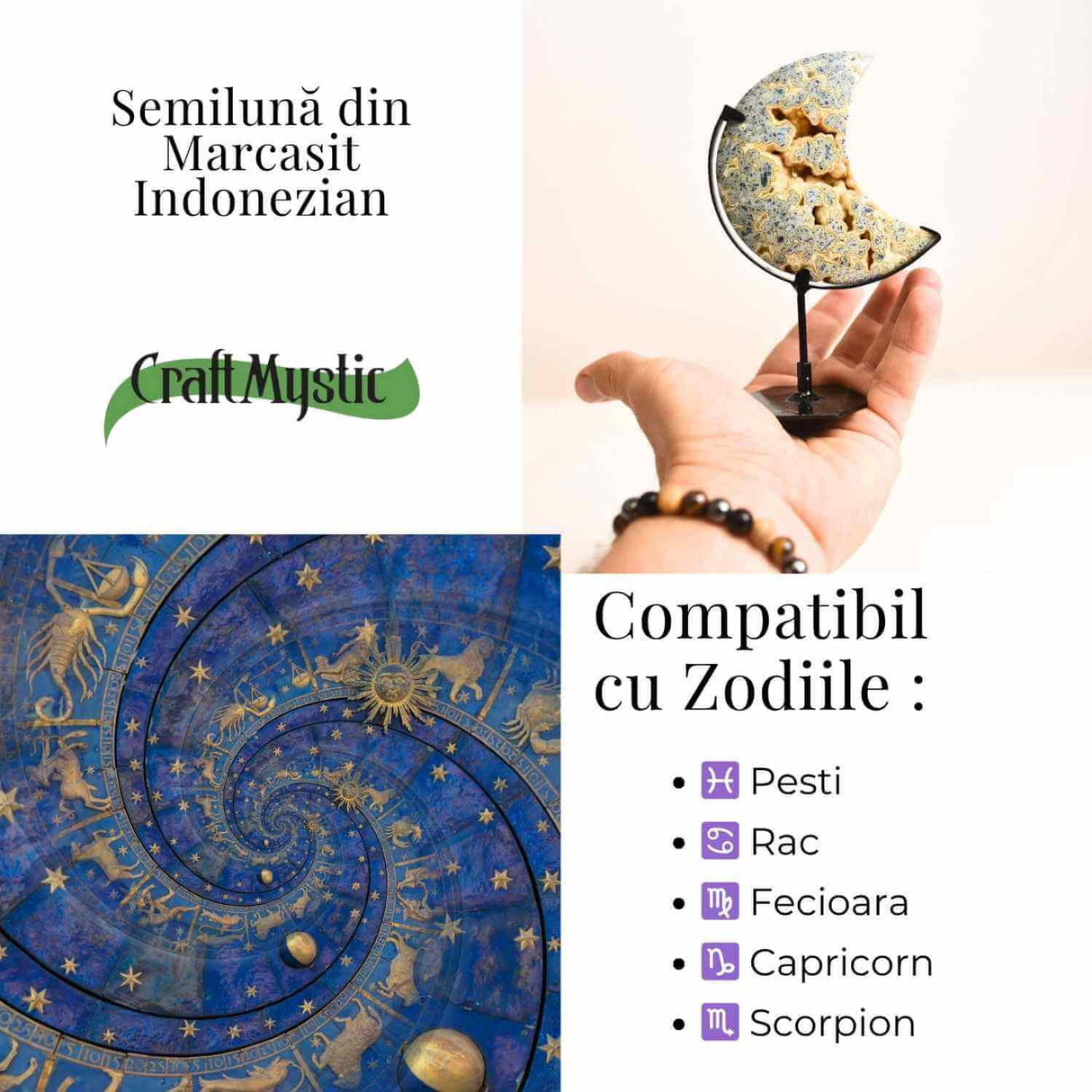 Semiluna din Marcasit Indonezian - Sculptata manual, introspectie si claritate