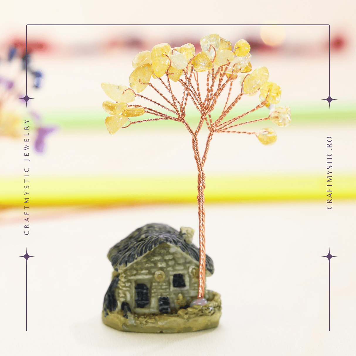 Figurina casuta cu ramura din Citrin Natural , Arbore de Energie Spirituala Reiki, pentru Decoratiuni de Birou si Acasa