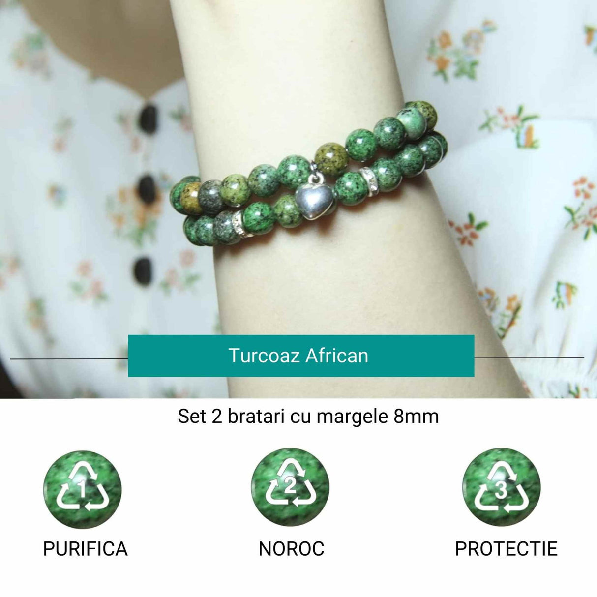 Set 2 Bratari elastice cu Margele 8mm din Turcoaz African Pentru Vindecare, Alinarea Anxietatii si Stresului