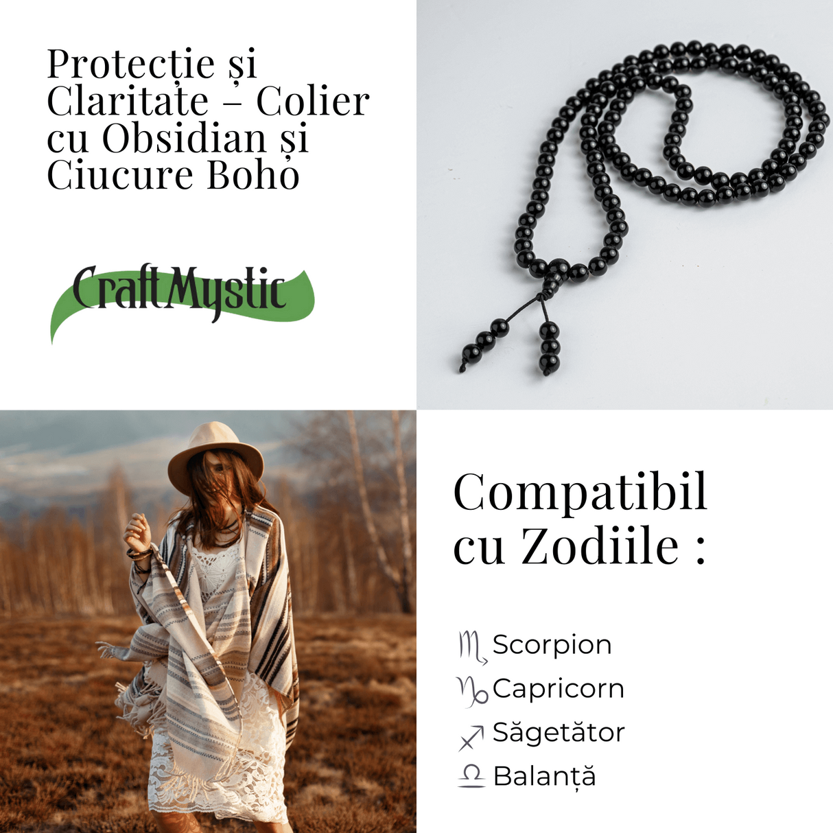 Protectie si Claritate - Colier Mala cu Obsidian si Ciucure Boho