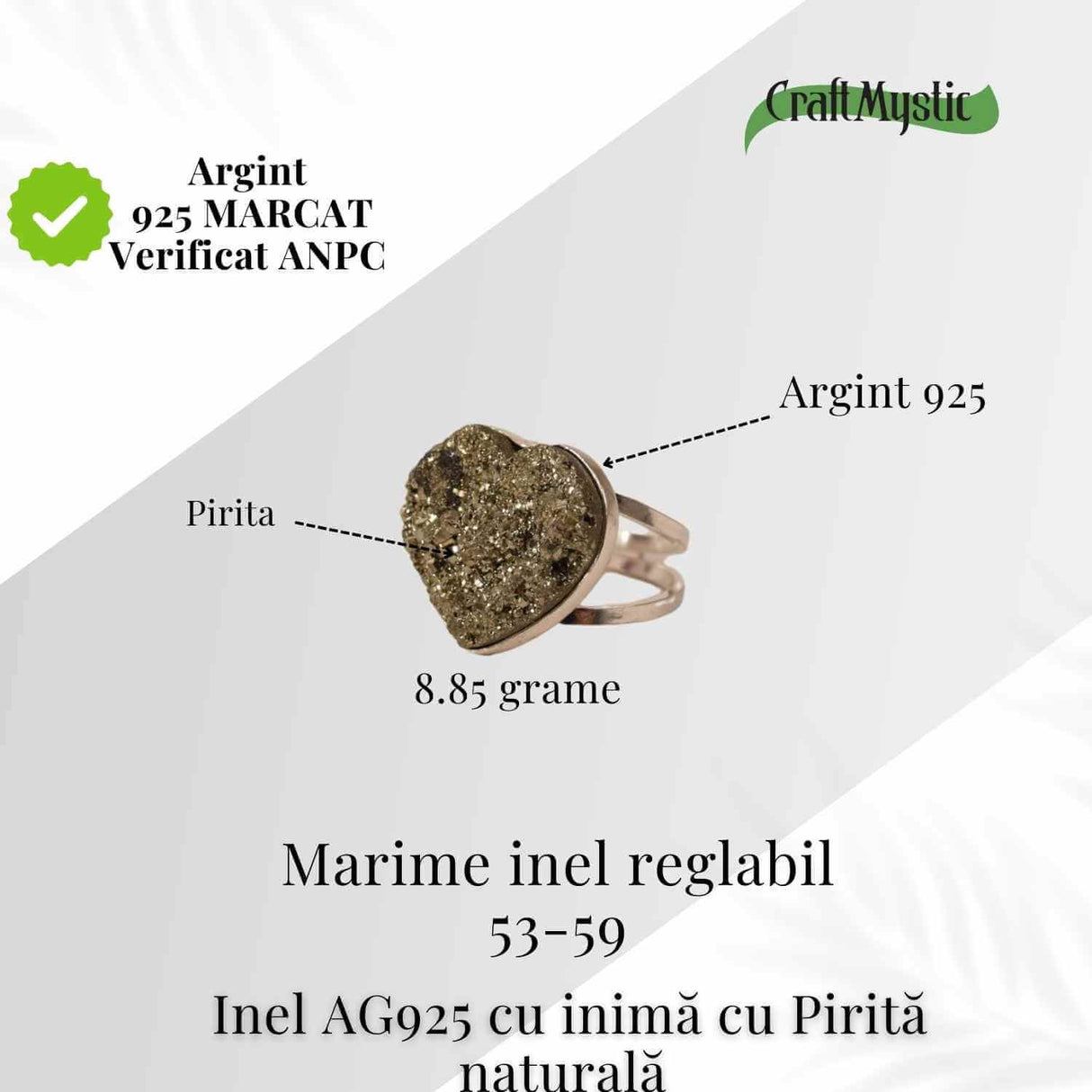 Inel din Argint 925 cu Pirita Naturala in Forma de Inima - Protectie si incredere in Sine