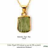 Colier Moldavit Brut Neuniform cu Argint 925 Placat cu Aur de 18k – Energie si Claritate Interioara