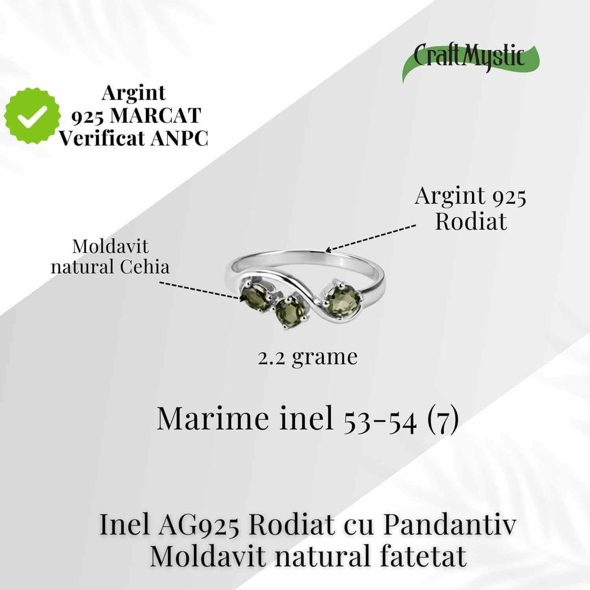 Inel din Argint 925 rodiat cu Moldavit natural fatetat - transformare, protectie si claritate interioara