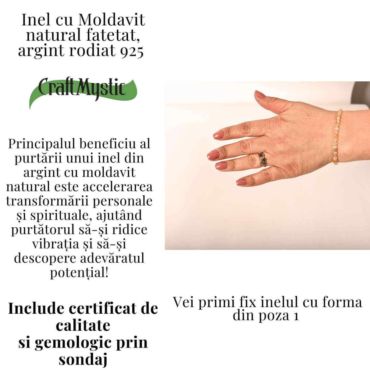 Inel din Argint 925 rodiat cu Moldavit natural fatetat - transformare, protectie si claritate interioara