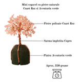 Arborele vietii 13-14 cm din pietre semipretioase polisate de cuart roz si baza de piatra naturala de aventurin verde - Copacel de cristal pentru energie pozitiva atrage norocul, decor Feng Shui, cad