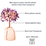 Copacel 13-14 cm din pietre semipretioase polisate de ametist si baza de piatra naturala de cuart transparent - Arbore din cristale semipretioase pentru energie pozitiva atrage norocul, decor Feng Sh
