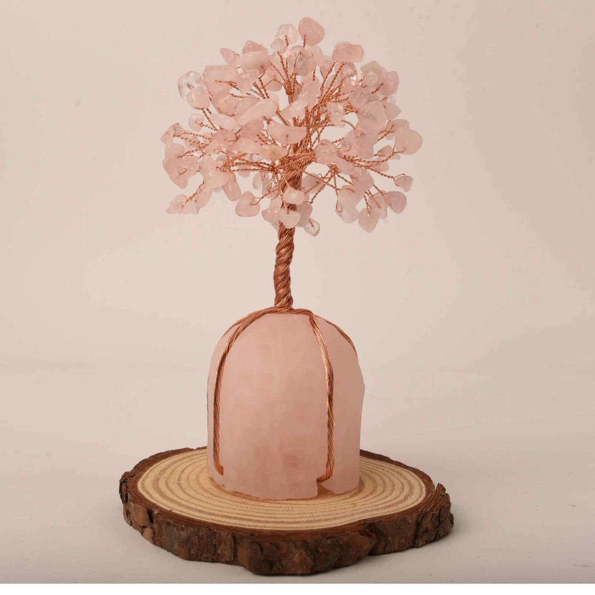 Arborele vietii 13-14 cm din pietre semipretioase polisate de cuart roz si baza de piatra naturala de cuart roz - Copacel de cristal pentru energie pozitiva atrage norocul, decor Feng Shui, cadou spi