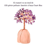 Copacel 13-14 cm din pietre semipretioase polisate de ametist si baza de piatra naturala de cuart roz - Arbore din cristale semipretioase pentru energie pozitiva, cadou spiritual