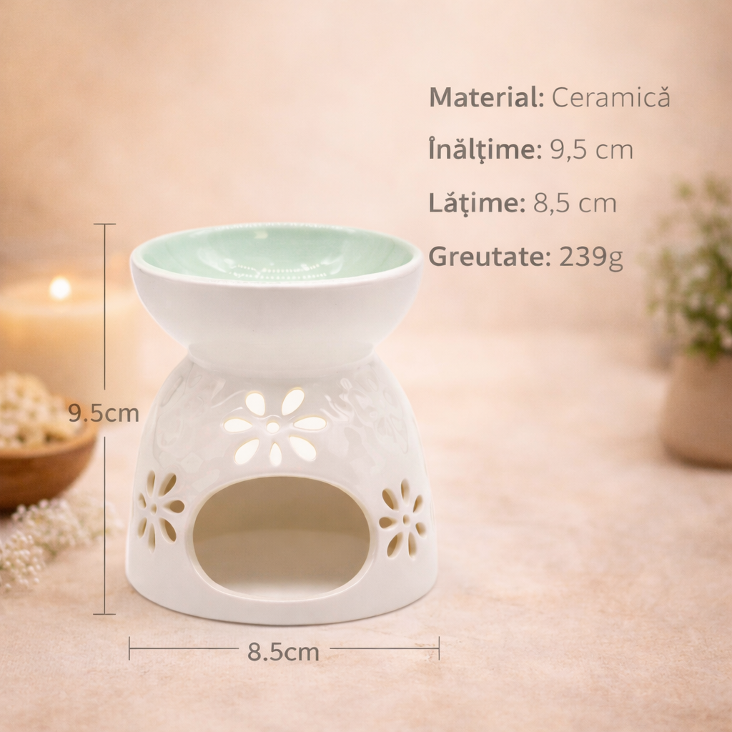 Arzator Ceramic Alb pentru ulei esential cu Decupaje Florale - Ritual de Relaxare si Armonie Energetica