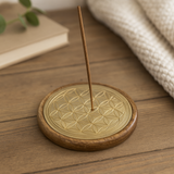 Suport betisoare parfumate lemn de mango – Flower of Life auriu, 8.5 cm (pentru betisoare si conuri)