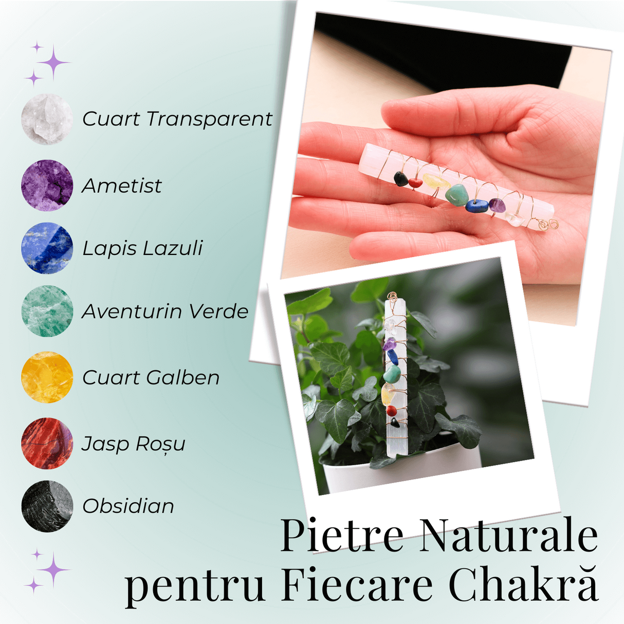 Bagheta din Selenit Brut cu Pietre pentru Cele 7 Chakre, Invelita in Sarma de Cupru, pentru Yoga, Meditatie, Echilibru Spiritual