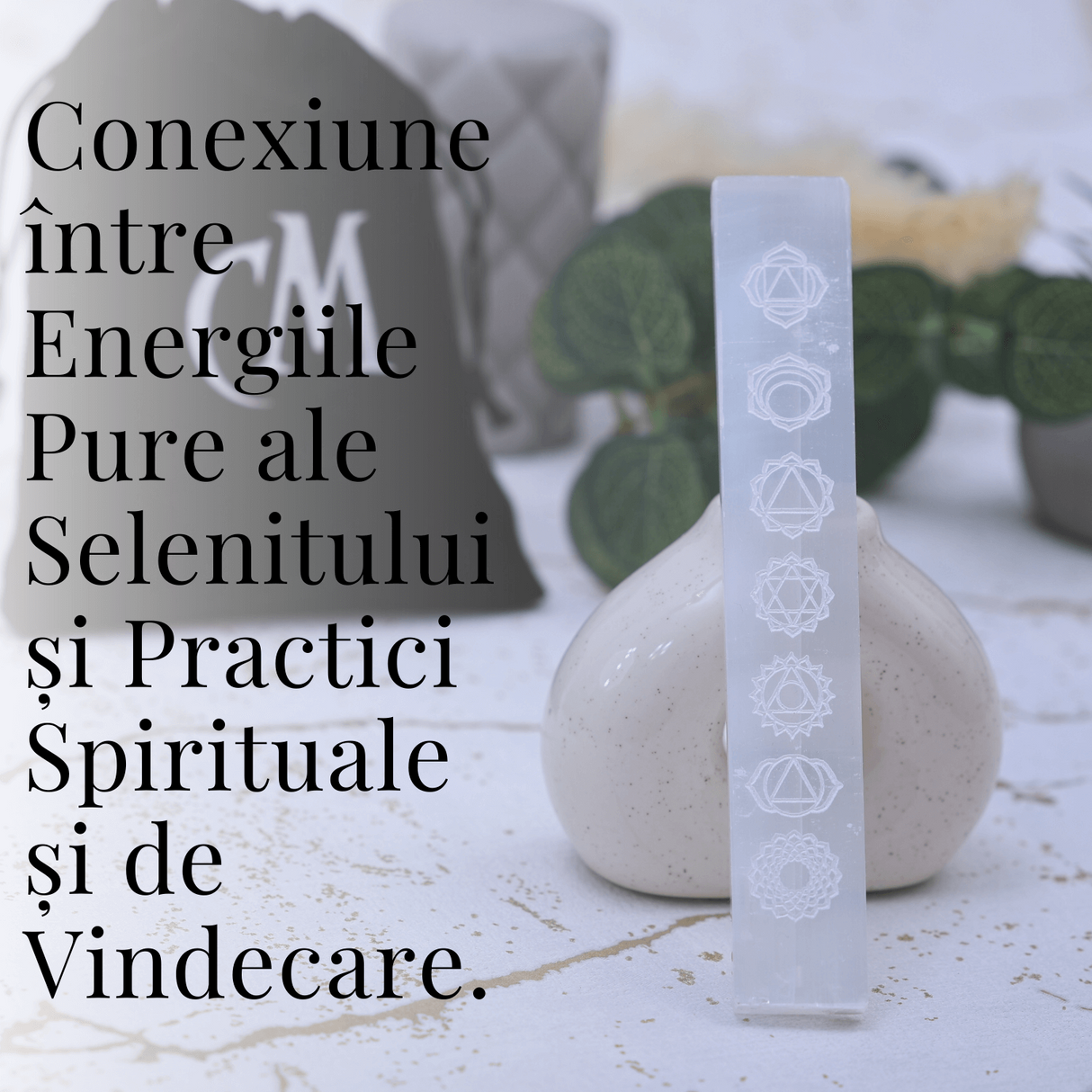 Bagheta de Selenit 15x2.5 cm cu Semnele Chakrelor - Curatare si Incarcare Cristale