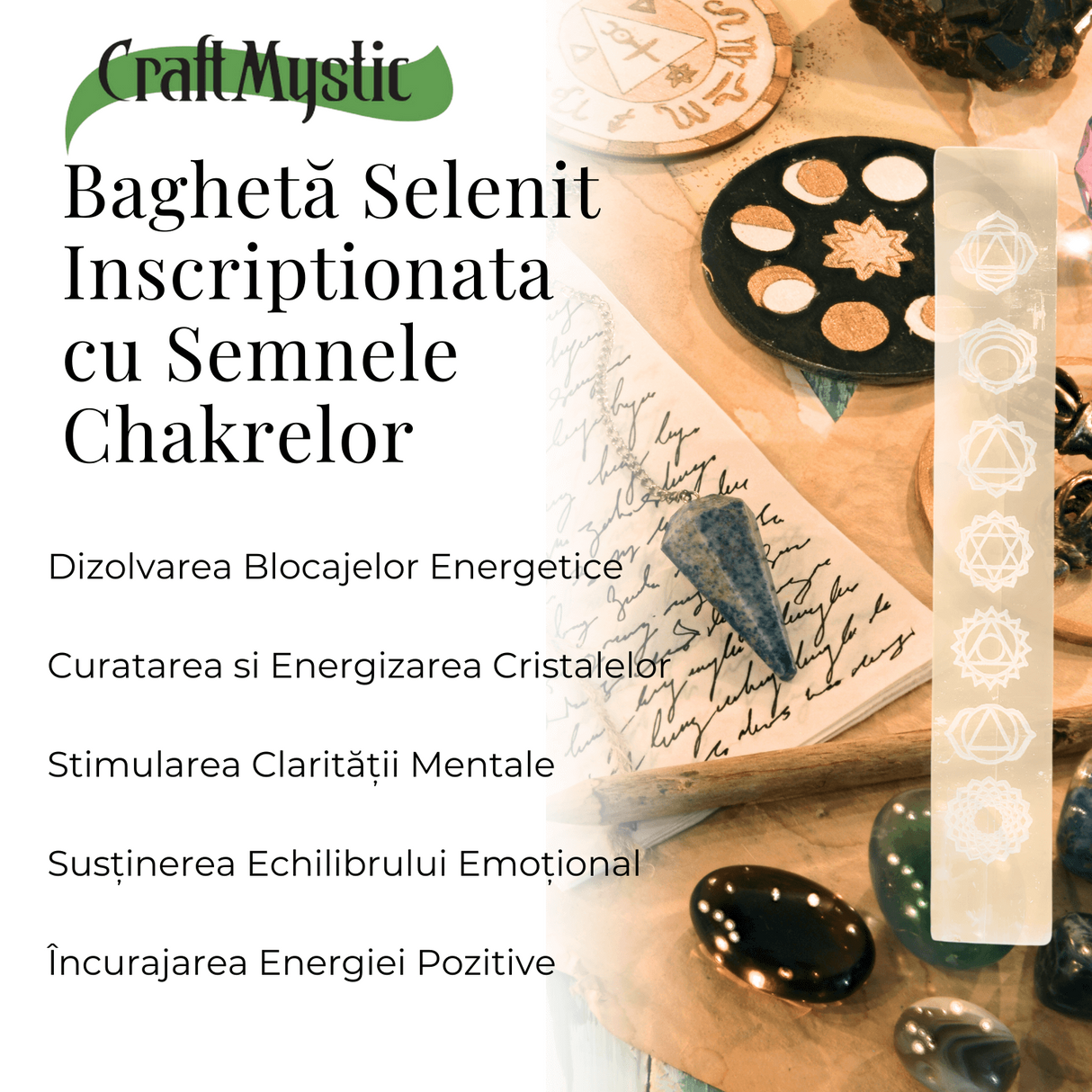 Bagheta de Selenit 15x2.5 cm cu Semnele Chakrelor - Curatare si Incarcare Cristale