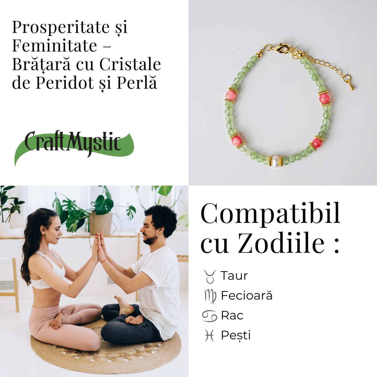 Prosperitate si Feminitate - Bratara cu Cristale de Peridot si Perla