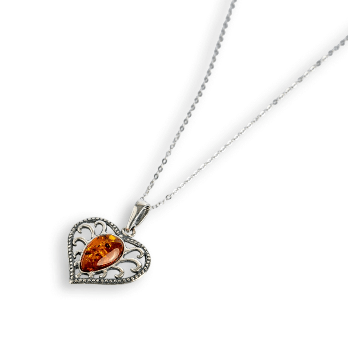 Colier inimioara cu chihlimbar si montura argint 925 - Protectie, caldura si echilibru emotional