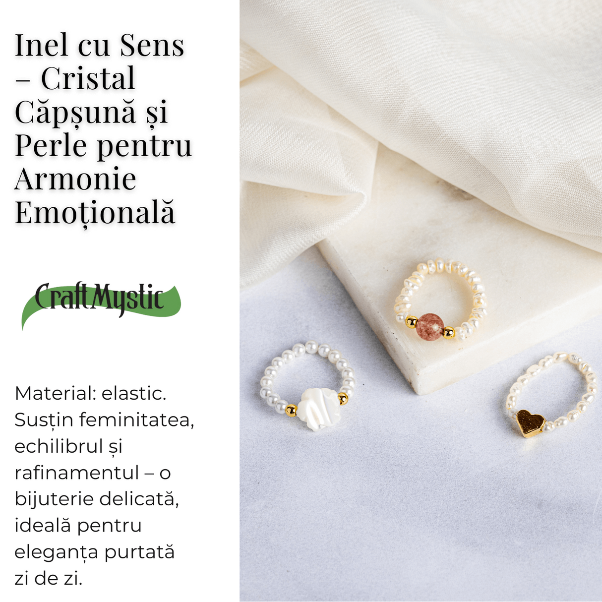 Inel cu sens - Cristal capsuna si perle pentru armonie emotionala