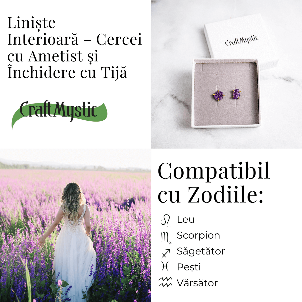 Puterea Linistii - Cercei cu Ametist si Inchidere cu Tija