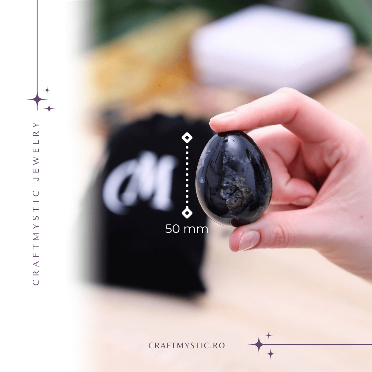 Ou Handmade de 50mm din Piatra Naturala de Turmalina Neagra