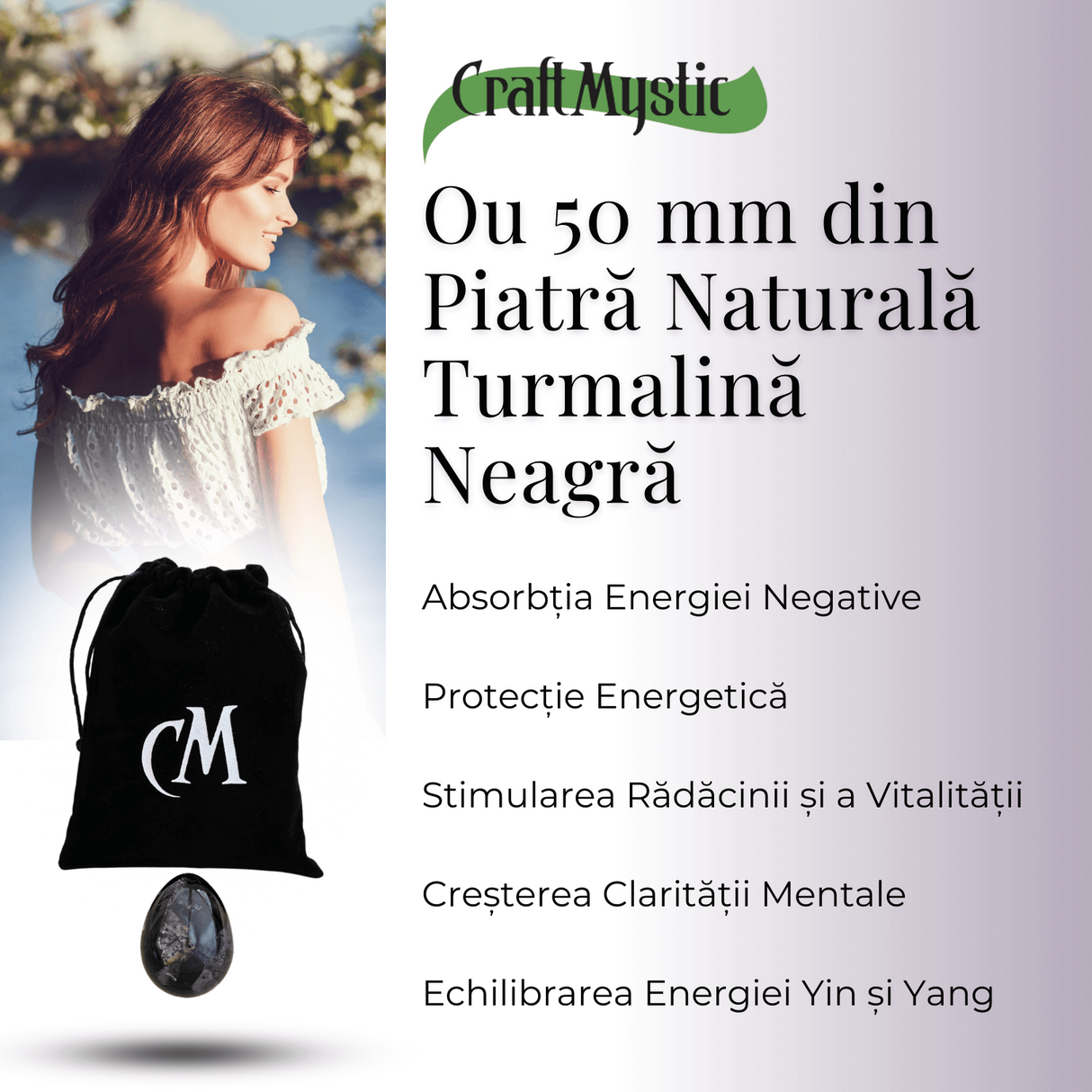Ou Handmade de 50mm din Piatra Naturala de Turmalina Neagra