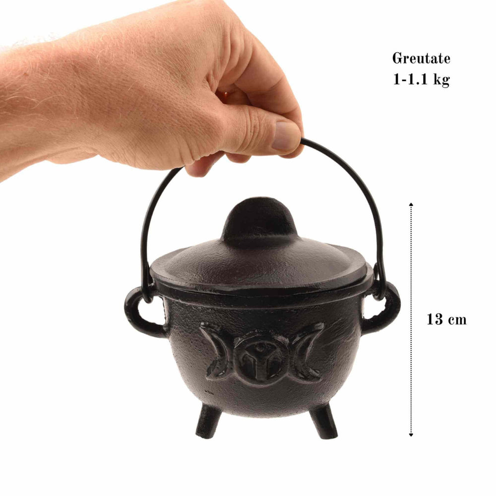 Ceaun \\"Cauldron\\" din Fonta cu design Triple Moon, cu Capac si Maner - Cazan de Vrajitoare, Ideal pentru Arderea Tamaii pe Carbune si Smudging cu Salvie