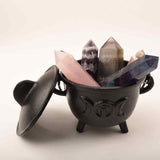 Ceaun \\"Cauldron\\" din Fonta cu design Triple Moon, cu Capac si Maner - Cazan de Vrajitoare, Ideal pentru Arderea Tamaii pe Carbune si Smudging cu Salvie