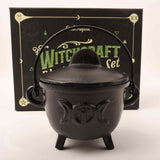 Ceaun \\"Cauldron\\" din Fonta cu design Triple Moon, cu Capac si Maner - Cazan de Vrajitoare, Ideal pentru Arderea Tamaii pe Carbune si Smudging cu Salvie