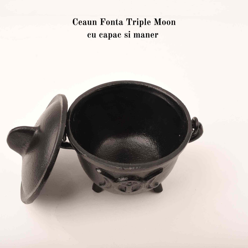 Ceaun \\"Cauldron\\" din Fonta cu design Triple Moon, cu Capac si Maner - Cazan de Vrajitoare, Ideal pentru Arderea Tamaii pe Carbune si Smudging cu Salvie