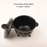 Ceaun \\"Cauldron\\" din Fonta cu design Triple Moon, cu Capac si Maner - Cazan de Vrajitoare, Ideal pentru Arderea Tamaii pe Carbune si Smudging cu Salvie