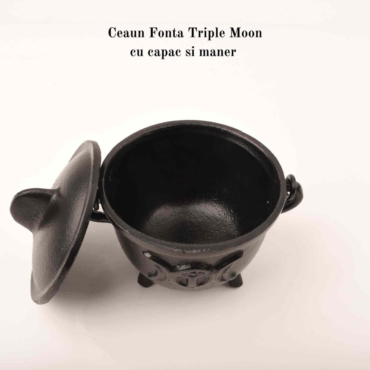 Ceaun \\"Cauldron\\" din Fonta cu design Triple Moon, cu Capac si Maner - Cazan de Vrajitoare, Ideal pentru Arderea Tamaii pe Carbune si Smudging cu Salvie
