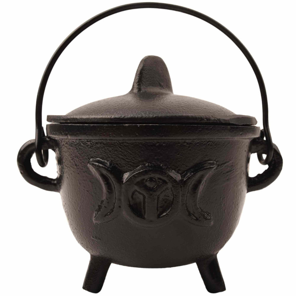 Ceaun \\"Cauldron\\" din Fonta cu design Triple Moon, cu Capac si Maner - Cazan de Vrajitoare, Ideal pentru Arderea Tamaii pe Carbune si Smudging cu Salvie