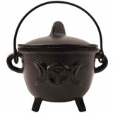Ceaun \\"Cauldron\\" din Fonta cu design Triple Moon, cu Capac si Maner - Cazan de Vrajitoare, Ideal pentru Arderea Tamaii pe Carbune si Smudging cu Salvie
