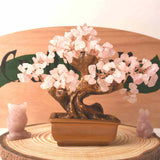 Bonsai cu cristale Cuart Roz pe suport dreptunghiular de ceramica - simbolizeaza: feng shui, noroc, sanatate, bogatie si familie