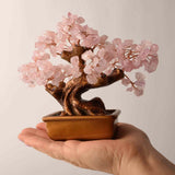 Bonsai cu cristale Cuart Roz pe suport dreptunghiular de ceramica - simbolizeaza: feng shui, noroc, sanatate, bogatie si familie