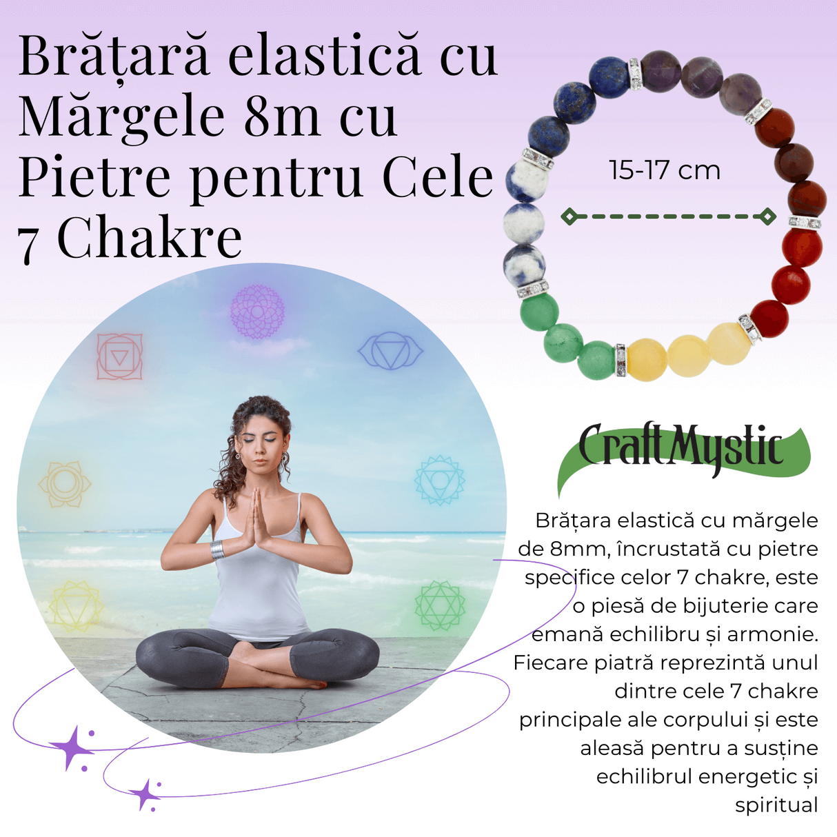 Bratara Elastica cu Margele de 8mm - Armonie si Echilibru pentru Cele 7 Chakre