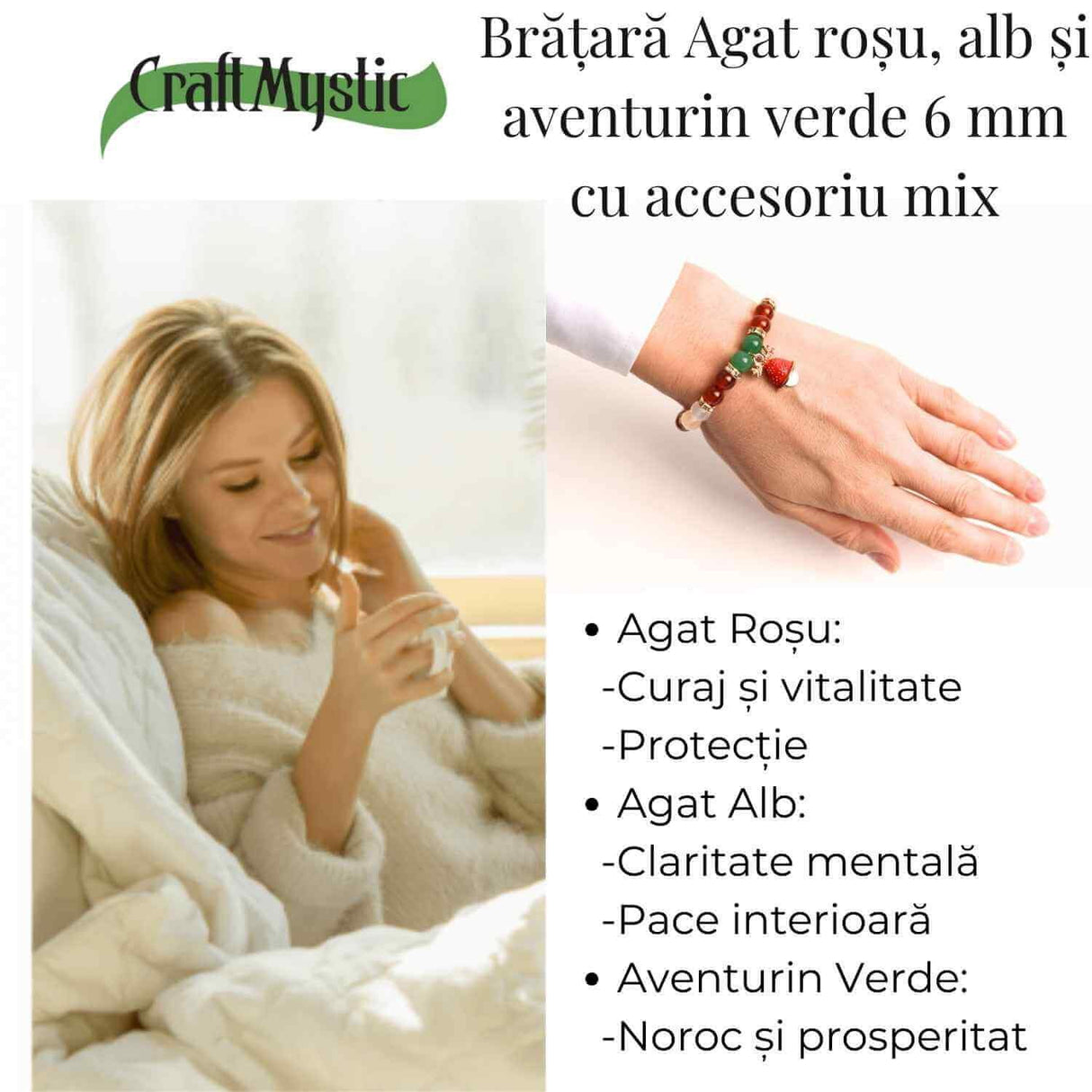 Bratara naturala Agat rosu, alb si aventurin verde cu accesoriu mixt - echilibru si noroc