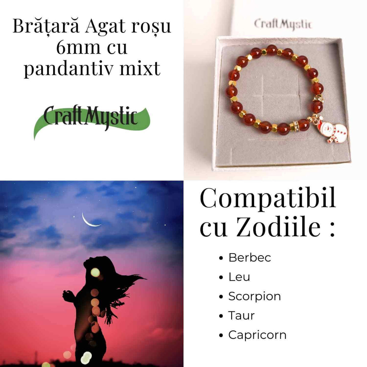 Bratara naturala Agat rosu 6mm cu accesoriu mixt - curaj si protectie